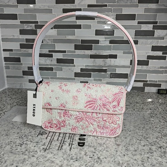 Staud TOMMY BEADED BAG IVORY CHERRY BLOSSOM TOILE - Picture 1 of 11